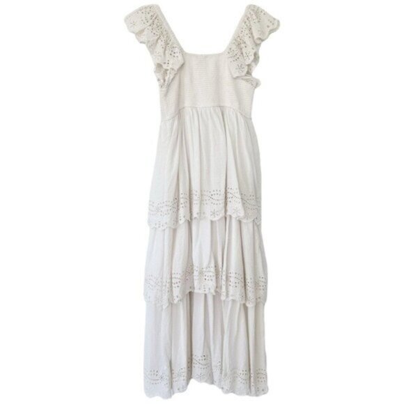 Cleobella Taryn Eyelet Ruffled Tiered Ivory Smocked Cotton Midi Dress Size XS - Picture 8 of 12